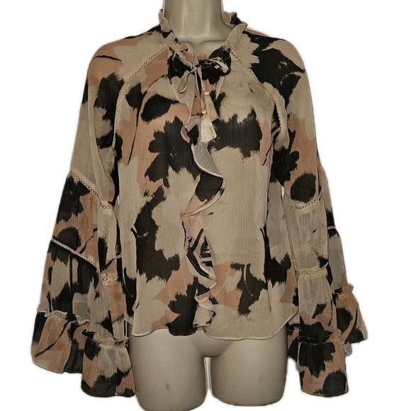 Tart Tops - Y2K Sheer Babydoll Floral Ruffle Top Blouse Size XS Fairy Garden Whimsy